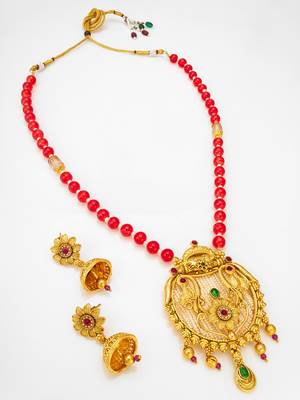 Latest gold plated handmade moti mala jewellery set with pair of matching earrings for women and girls 2
