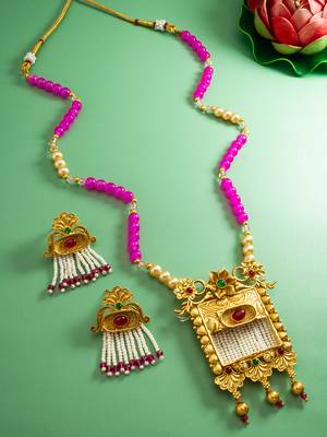 Latest gold plated handmade moti mala jewellery set with pair of matching earrings for women and girls 1