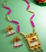 Latest gold plated handmade moti mala jewellery set with pair of matching earrings for women and girls