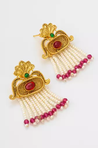 Latest gold plated handmade moti mala jewellery set with pair of matching earrings for women and girls