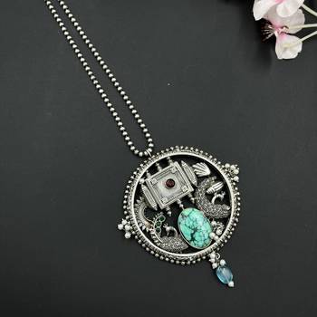 Indian traditional german silver pendant with peacock stone beads, oxidized designers long necklace jewelry set 3