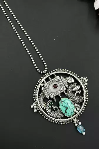 Indian traditional german silver pendant with peacock stone beads, oxidized designers long necklace jewelry set