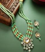 Green color handmade kundan moti mala jewellery set with pair of earrings