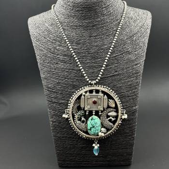 Indian traditional german silver pendant with peacock stone beads, oxidized designers long necklace jewelry set 4