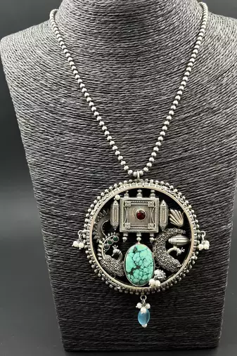 Indian traditional german silver pendant with peacock stone beads, oxidized designers long necklace jewelry set