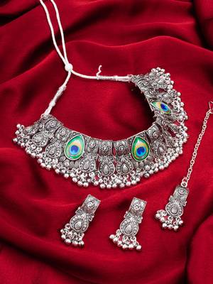 Latest trendy oxidised necklace set with pair of earrings & mangtikka 1