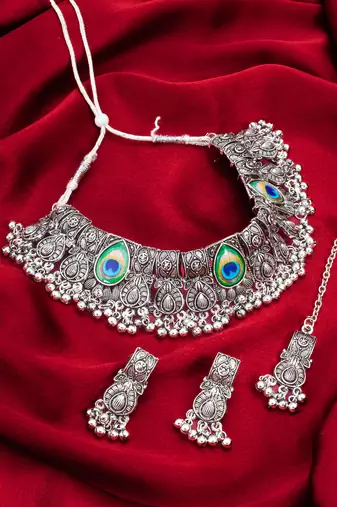 Latest trendy oxidised necklace set with pair of earrings & mangtikka