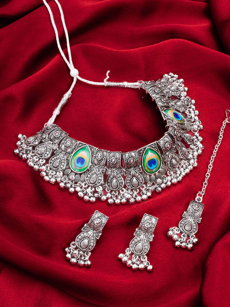 Latest trendy oxidised necklace set with pair of earrings & mangtikka