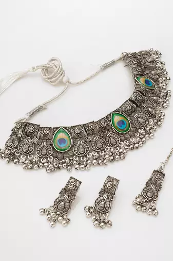 Latest trendy oxidised necklace set with pair of earrings & mangtikka