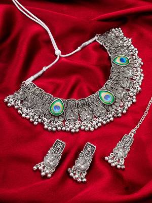 Latest trendy oxidised necklace set with pair of earrings & mangtikka 1