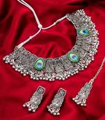 Latest trendy oxidised necklace set with pair of earrings & mangtikka