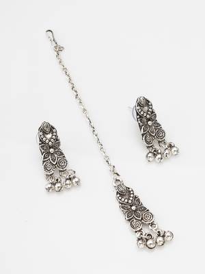 Latest trendy oxidised necklace set with pair of earrings & mangtikka 3