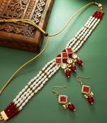White and red color handmade kundan moti mala jewellery set with pair of earrings