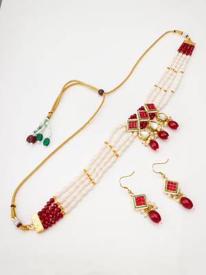 White and red color handmade kundan moti mala jewellery set with pair of earrings 2