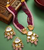Pink and maroon color handmade kundan moti mala jewellery set with pair of earrings