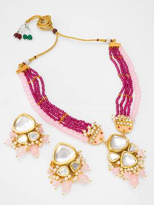 Pink and maroon color handmade kundan moti mala jewellery set with pair of earrings 2