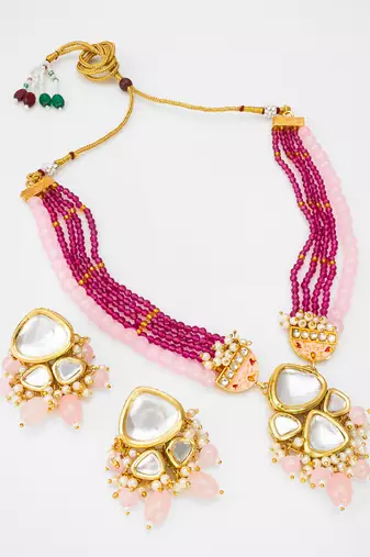 Pink and maroon color handmade kundan moti mala jewellery set with pair of earrings