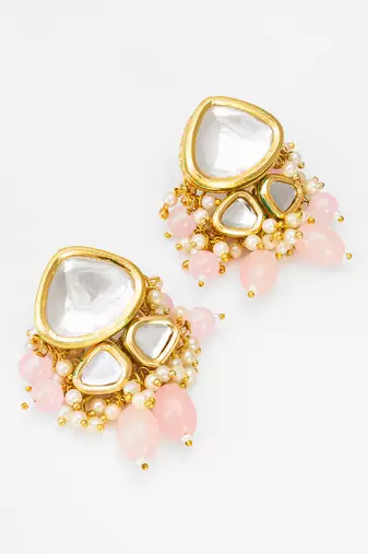 Pink and maroon color handmade kundan moti mala jewellery set with pair of earrings