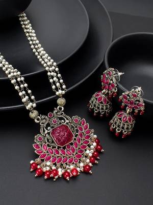Traditional Pearl Chain Necklace Set with Pink Stone Pendant 1