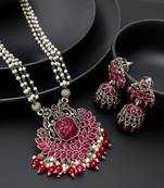 Traditional Pearl Chain Necklace Set with Pink Stone Pendant
