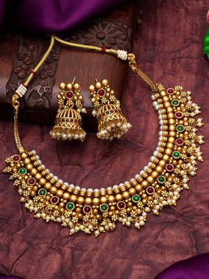 Multicolored Necklace and Jhumka Set with Pink and Green Stones 1