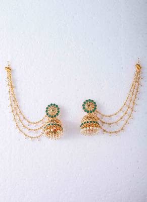 Gold-Plated Jhumki with Green Stone and Pearl Drop Ear Chains 1