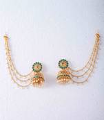 Gold-Plated Jhumki with Green Stone and Pearl Drop Ear Chains