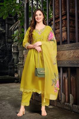 Trendmalls Yellow Satin Silk Embroidery Salwar Suit Set with Floral Printed Dupatta for Women 1