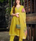 Trendmalls Yellow Satin Silk Embroidery Salwar Suit Set with Floral Printed Dupatta for Women