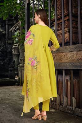 Trendmalls Yellow Satin Silk Embroidery Salwar Suit Set with Floral Printed Dupatta for Women 3