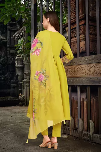 Trendmalls Yellow Satin Silk Embroidery Salwar Suit Set with Floral Printed Dupatta for Women