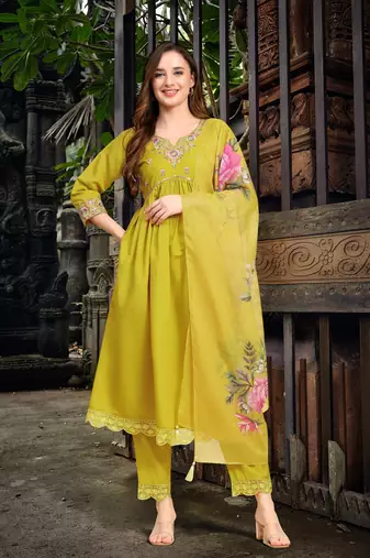 Trendmalls Yellow Satin Silk Embroidery Salwar Suit Set with Floral Printed Dupatta for Women