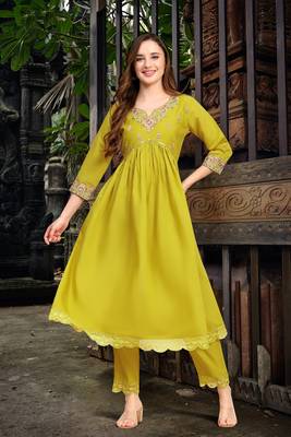 Trendmalls Yellow Satin Silk Embroidery Salwar Suit Set with Floral Printed Dupatta for Women 5