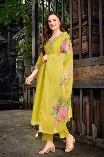 Trendmalls Yellow Satin Silk Embroidery Salwar Suit Set with Floral Printed Dupatta for Women