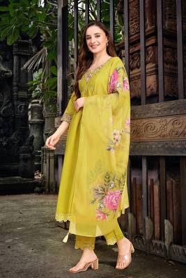 Trendmalls Yellow Satin Silk Embroidery Salwar Suit Set with Floral Printed Dupatta for Women 7