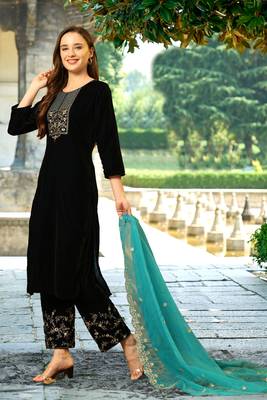 Teal Velvet Embroidery Kurta Pant with Dupatta 1