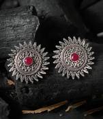 Floral oxidised silver tone trendy pink stone stud earring