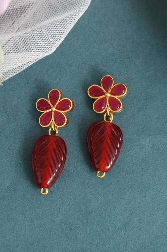 Gold plated red stone floral earrings