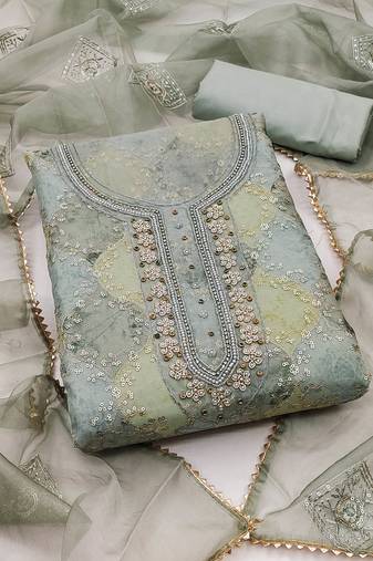 Grey Organza Hand Work Dress Material With Inner