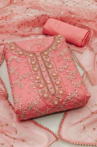 Peach Organza Hand Work Dress Material With Inner
