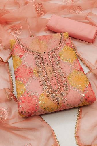 Peach Organza Hand Work Dress Material With Inner