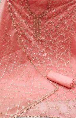 Peach Organza Hand Work Dress Material With Inner 2