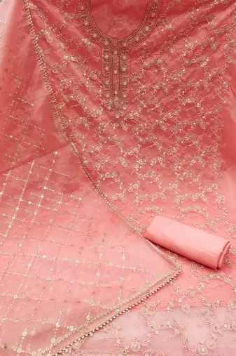 Peach Organza Hand Work Dress Material With Inner