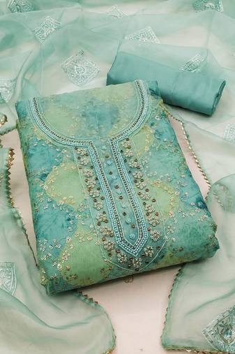 Turquoise Organza Hand Work Dress Material With Inner
