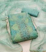 Turquoise Organza Hand Work Dress Material With Inner