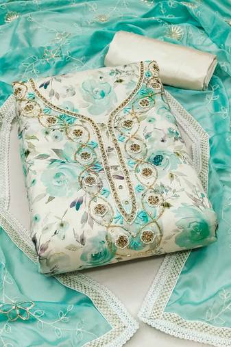 Turquoise Modal Butti With Hand Work Dress Material With Inner