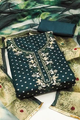 Bottle Green Modal Hand Work Dress Material With Inner