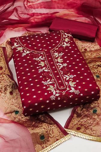 Red Modal Hand Work Dress Material With Inner