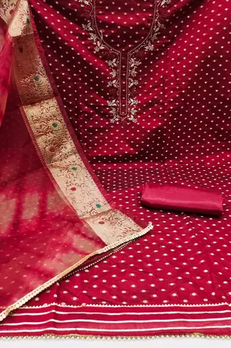 Red Modal Hand Work Dress Material With Inner