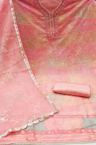 Women'S Peach Organza Dress Material With Inner